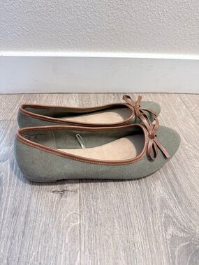 Basic Editions Olive Canvas Ballet Flats with Brown Trim & Bow